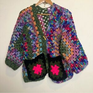Vintage Hand Crochet Granny Floral Single Button Cardigan Farmhouse Boho Peasant
